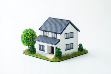 Modern Suburban House with Trees isolated on white background. Suburban Real estate Exterior with Greenery