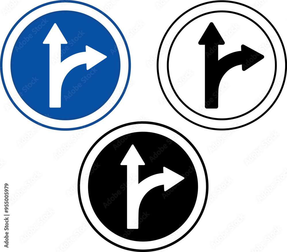 Canvas Prints proceed straight or turn right signs. blue road signs. black and white vector icons