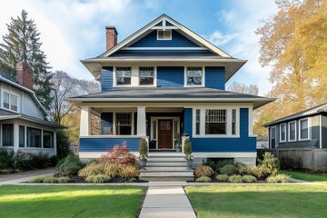 A large blue house with a porch and steps. The house is surrounded by a lush green lawn