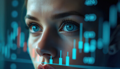 Close-Up of Businesswoman’s Face with Financial Data Overlay: A close-up of a businesswoman’s face with financial data overlay, representing strategic insights and planning.