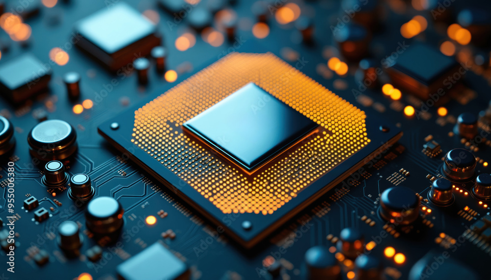 Poster gold processor on circuit board: a gold-colored processor on a blue circuit board, representing high