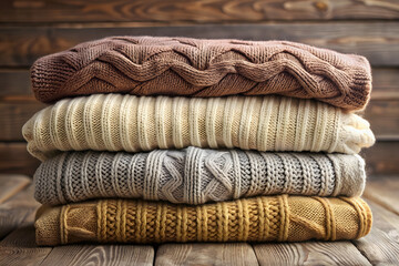 Mockup stack of warm knitted sweaters on wooden background. Winter cozy clothes background
