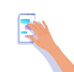 Vector isolated top view illustration of female hand using smartphone.