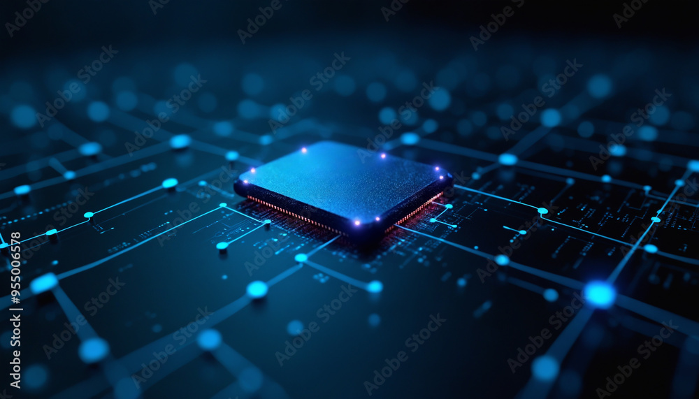 Poster microchip icon with network integration: a microchip icon embedded in a digital network, symbolizing