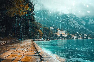 Abstract Adriatic scenery blended with floating code snippets merging nature and tech