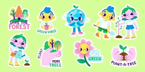 Eco sticker set about planting for kids. Vector sticker bundle with cute cartoon characters.