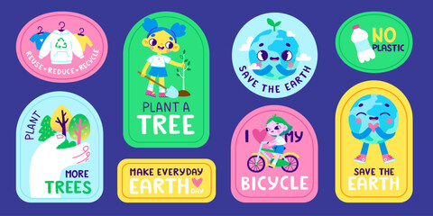 Retro cartoon eco stickers set. Vector colorful badge bundle about saving earth for kids.