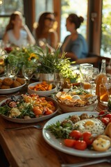 Obraz premium Friends enjoying a fresh, healthy meal together at a cozy restaurant, surrounded by plants and bright daylight.