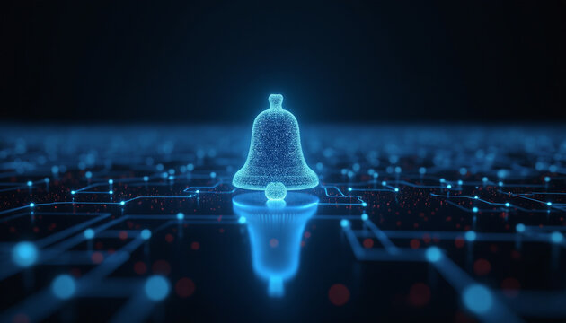 Bell Icon with Network Connectivity: A bell icon connected within a digital network, symbolizing alerts, notifications, and reminders in a modern technological environment.