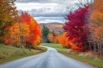 Fototapeta premium A picturesque autumn scene in Vermont with vibrant trees lining a quiet road