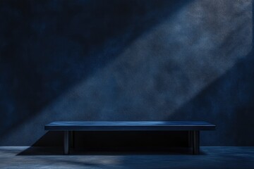 Empty table on dark blue texture wall background. Composition with organic shadow on the wall and light reflections. Mock up for presentation, branding products, cosmetics food or jewelry , ai