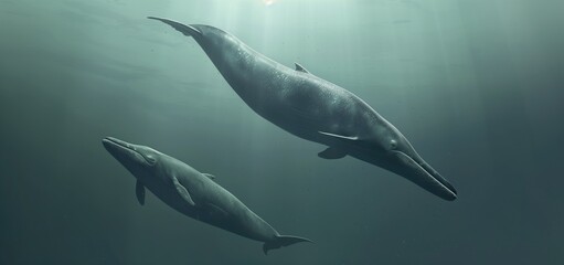 Fototapeta premium Majestic aquatic spade toothed beaked whales swimming underwater in serene ocean environment.