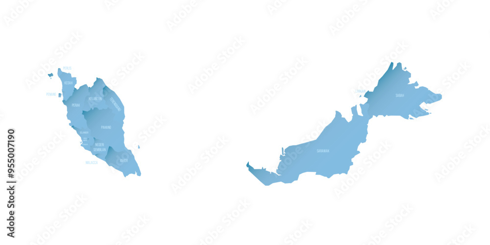 Poster malaysia political map of administrative divisions - states and federal territories. shaded vector m