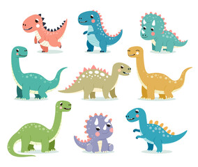 Cute dinosaurs set flat cartoon illustration.