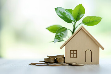 Eco friendly real estate investment concept background. Plant Leaves Sprouting Model House with Stacked Coins