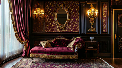 Fototapeta premium A luxurious Victorian-style living room with dark walls, intricate red and gold wallpaper, and elegant wood paneling