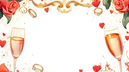 Elegant wedding frame featuring champagne glasses, roses, and golden rings, perfect for romantic invitations or celebrations.