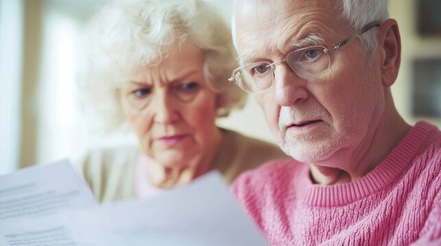 A senior couple closely examines various documents together, displaying concern and focus as they discuss important matters