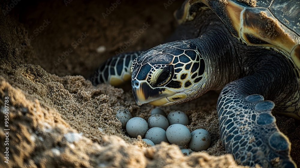 Wall mural Closeup photograph showcasing a sea turtle carefully placing its eggs in a sandy nest on a tropical beach  The turtle s shell flippers and nesting behavior are prominently featured