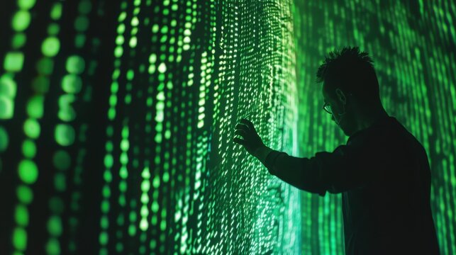 Developer writing HTML code with a green matrix-style background, hacker-like aesthetic, advanced coding scene - Powered by Adobe