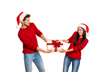 Profile side of  angry couple pull package wear red sweater pullover santa claus cap denim jeans isolated over yellow background