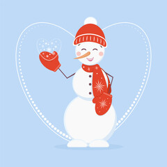 Snowman with gift like a heart from snowflakes. Vector illustration for celebration, winter holiday, new year, Christmas. Card, postcard, background, wallpaper.