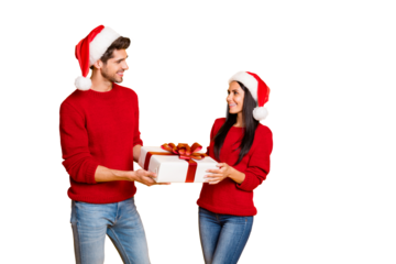 Profile side photo of charming two married people get give packages wear red pullover denim jeans isolated over yellow background