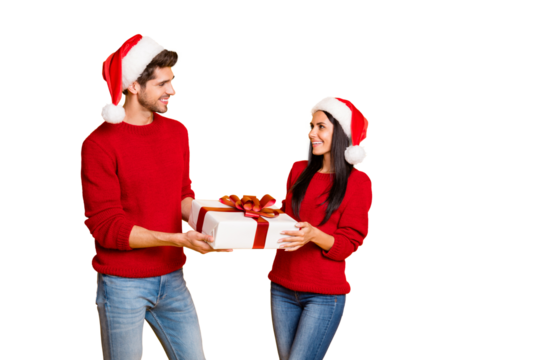 Profile side photo of charming two married people get give packages wear red pullover denim jeans isolated over yellow background - Powered by Adobe