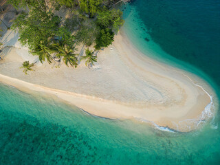 Aerial view white sand beach wave tropical rainforest island summer vacation background