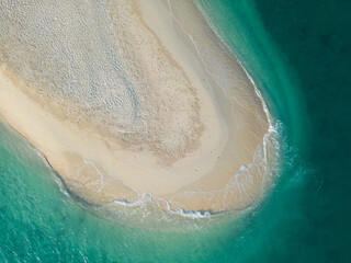 Aerial view white sand beach wave tropical rainforest island summer vacation background