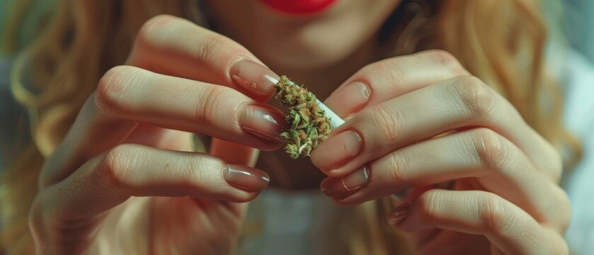 The close-up image shows a man with red lipstick carefully rolling a cigarette while holding a cannabis flower and a white filter.