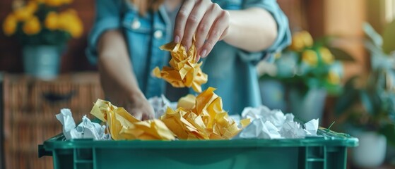 Person recycling crumpled paper in green bin with plants in the background, creating a relaxed atmosphere.