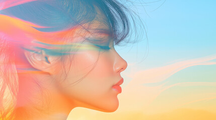 A woman's face is shown with a colorful, swirling background. Concept of movement and energy, as if the woman's hair is being blown by a strong wind