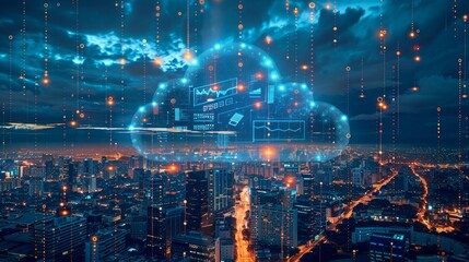 Obraz premium 3D illustration: cloud filled with digital icons hovers over city at night, symbolizing IoT. Futuristic scene with smart city elements and impending storm.