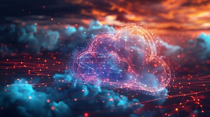 Image shows a digital cloud symbol amidst glowing clouds in red and blue, suggesting a digital landscape or AI environment. Rich, enigmatic vibe evokes tech or cloud computing themes.