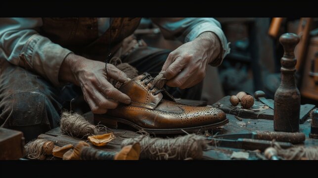 In a vintage photo, a focused shoemaker repairs a shoe in a cluttered workshop. Tools, buttons, and craftsmanship highlight meticulous work.
