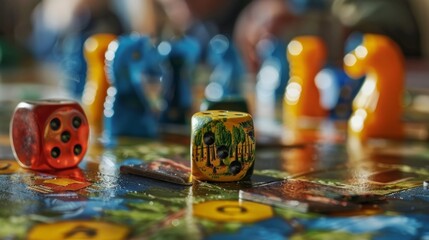 A vibrant board game scene: colorful pieces, dice, and hands denote a lively social activity, possibly a fun game night with friends. Leisure and entertainment ambiance depicted.