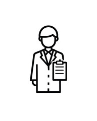 Editable stroke vector illustration of a scientist in a lab coat holding a clipboard.