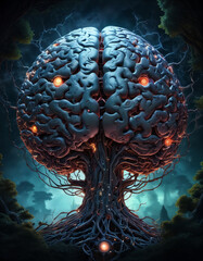 A surreal depiction of a brain as a tree at twilight, blending nature and intelligence in an imaginative forest setting