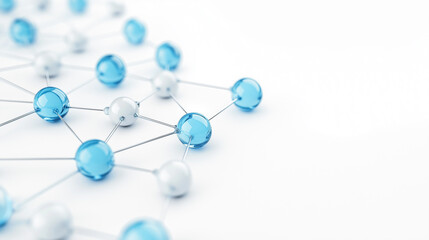 Close-up of blue bonds over white and gray spheres in molecular network connection