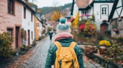 A woman walks through a quaint European village, admiring the charming architecture and vibrant autumn colors around her