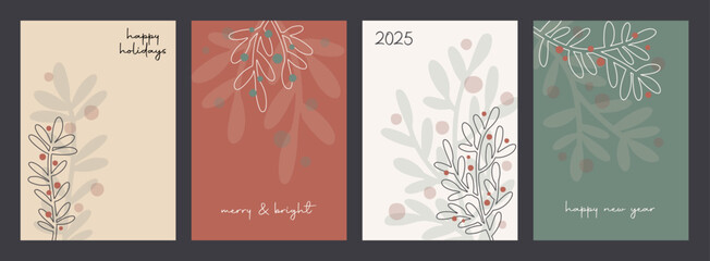Chrismtas new year 2025 organic art design vector set, winter holidays page cover background illustration set