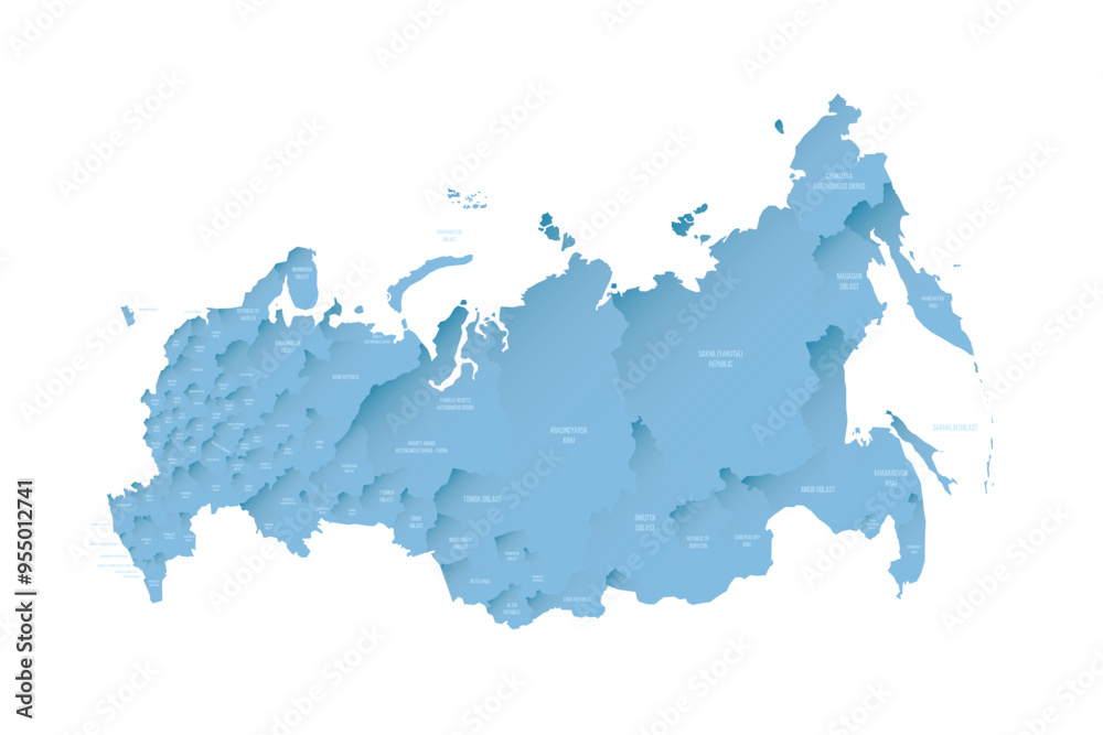 Wall mural russia political map of administrative divisions - oblasts, republics, autonomous okrugs, krais, aut