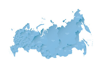 Russia political map of administrative divisions - oblasts, republics, autonomous okrugs, krais, autonomous oblast and 2 federal cities of Moscow and Saint Petersburg. Shaded vector map with 3D-like