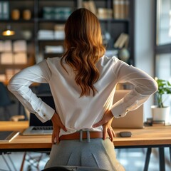Woman experiencing back pain while working at a desk in a bright office setting during the day