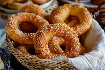 A serving of koulouri, sesame-coated bread rings arranged in a basket, perfect for a traditional Greek breakfast