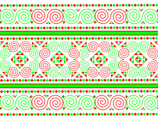 Hmong ethnic pattern, green and red spiral pattern, decorated with green and red triangles around the spiral.