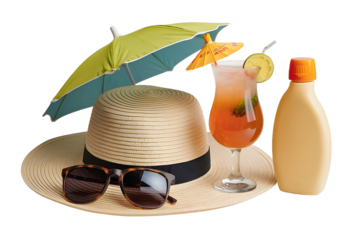 A chic rooftop bar scene with a trendy hat and sunglasses left on the counter, evoking a sense of carefree summer nights. The stylish decor and sleek lines of the bar create a sophisticated ambiance