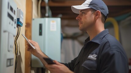 Electrician inspecting circuit panel in a residential basement during daylight hours