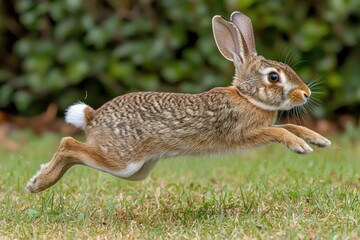 Fototapeta premium A Brown Rabbit Leaping Through Green Grass
